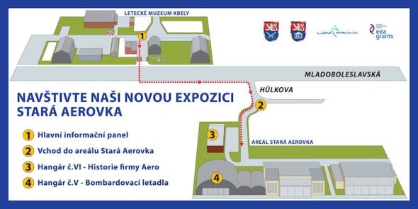 mapa letecké muzeum Kbely a Stará Aerovka